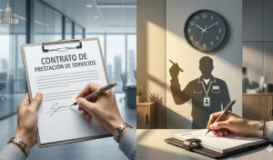 Representación de un contrato de prestación de servicios cuya sombra revela un contrato realidad con horario y subordinación laboral en Bogotá.