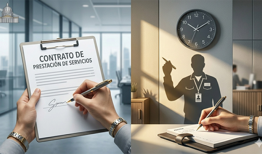 Representación de un contrato de prestación de servicios cuya sombra revela un contrato realidad con horario y subordinación laboral en Bogotá.
